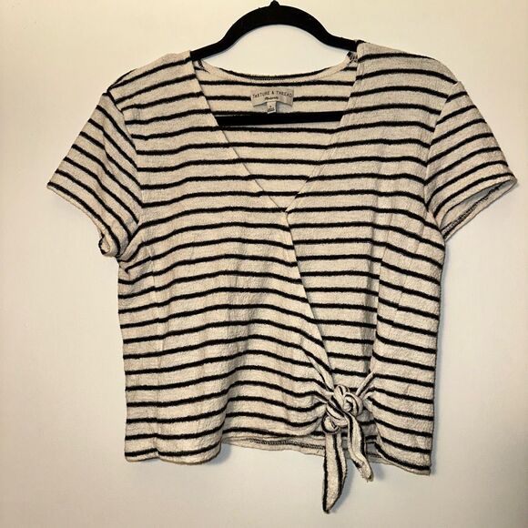 Madewell Texture & Thread Small Black Cream Stripe Faux Wrap Tee EUC - Picture 1 of 10